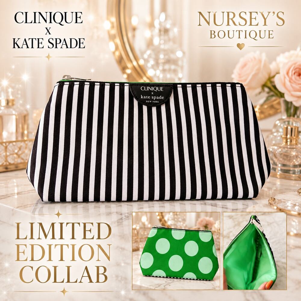 Clinique x Kate Spade Cosmetic Bag Green Polka Dot Striped Makeup Pouch